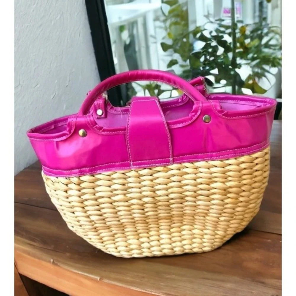Pink Straw Satchel Bag Purse Tote Basket Bucket Retro Flower Lining Snap Flap